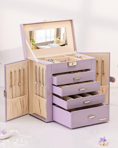 Synthetic Leather Huge Jewelry Box Mirrored Watch Organizer Necklace Ring Earring Storage Lockable Gift Case (White + Gold)