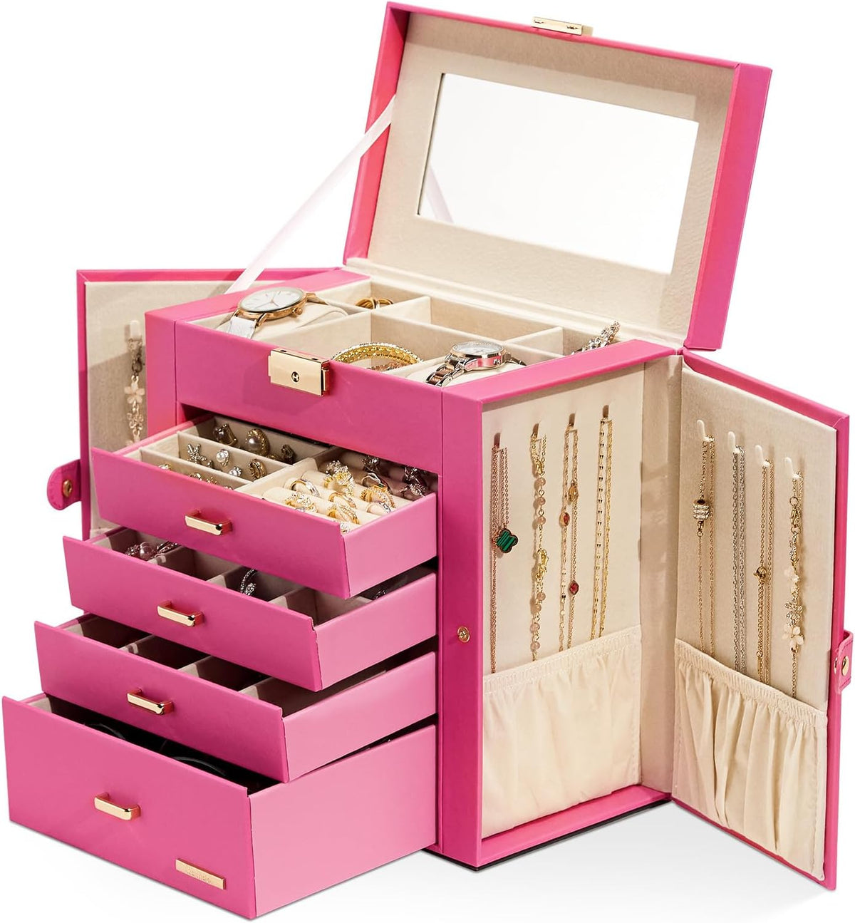 Synthetic Leather Huge Jewelry Box Mirrored Watch Organizer Necklace Ring Earring Storage Lockable Gift Case (White + Gold)