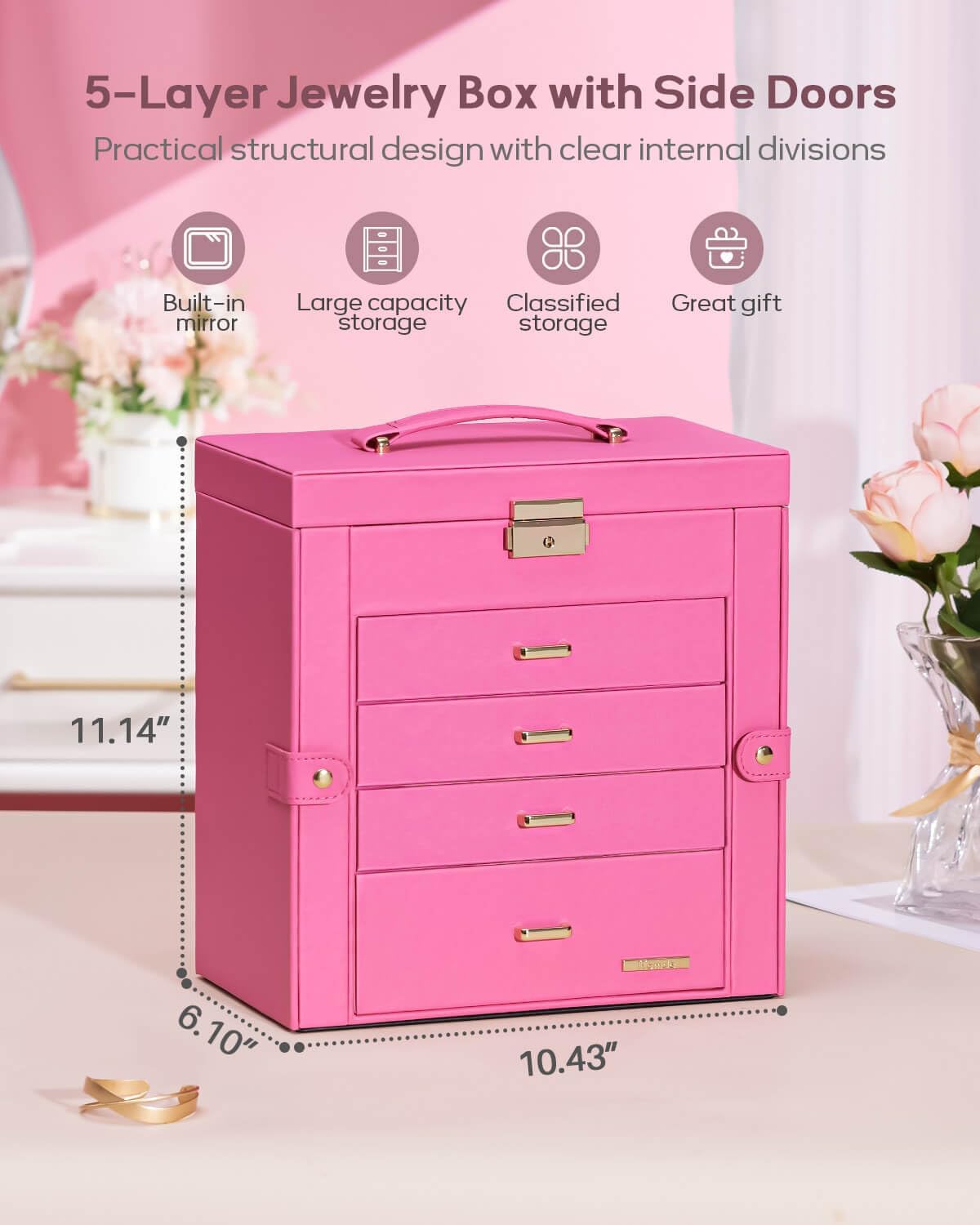 Synthetic Leather Huge Jewelry Box Mirrored Watch Organizer Necklace Ring Earring Storage Lockable Gift Case (White + Gold)