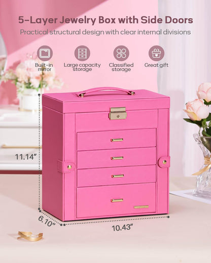 Synthetic Leather Huge Jewelry Box Mirrored Watch Organizer Necklace Ring Earring Storage Lockable Gift Case (White + Gold)