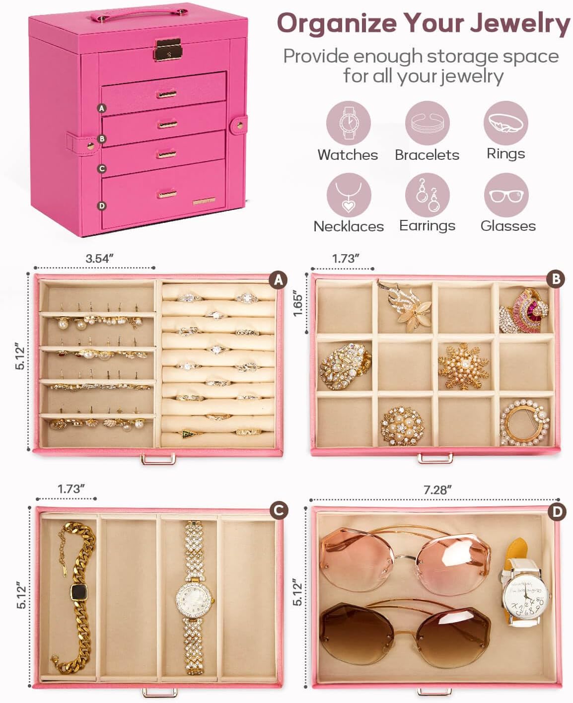 Synthetic Leather Huge Jewelry Box Mirrored Watch Organizer Necklace Ring Earring Storage Lockable Gift Case (White + Gold)