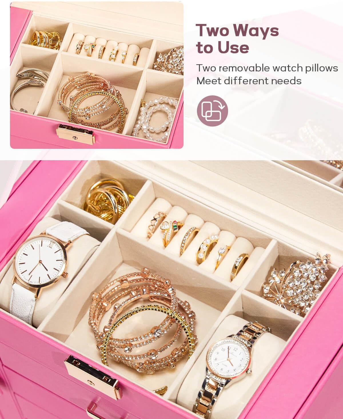 Synthetic Leather Huge Jewelry Box Mirrored Watch Organizer Necklace Ring Earring Storage Lockable Gift Case (White + Gold)