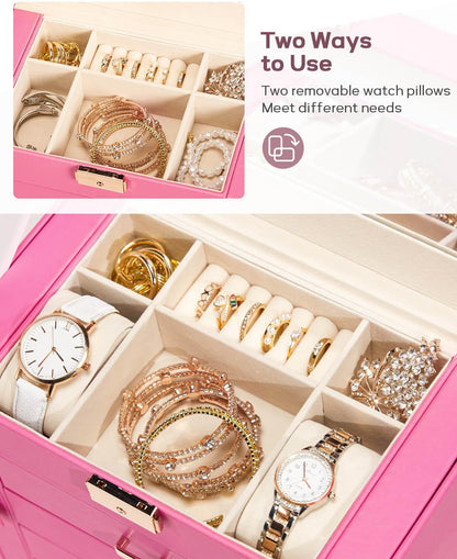 Synthetic Leather Huge Jewelry Box Mirrored Watch Organizer Necklace Ring Earring Storage Lockable Gift Case (White + Gold)