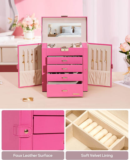 Synthetic Leather Huge Jewelry Box Mirrored Watch Organizer Necklace Ring Earring Storage Lockable Gift Case (White + Gold)