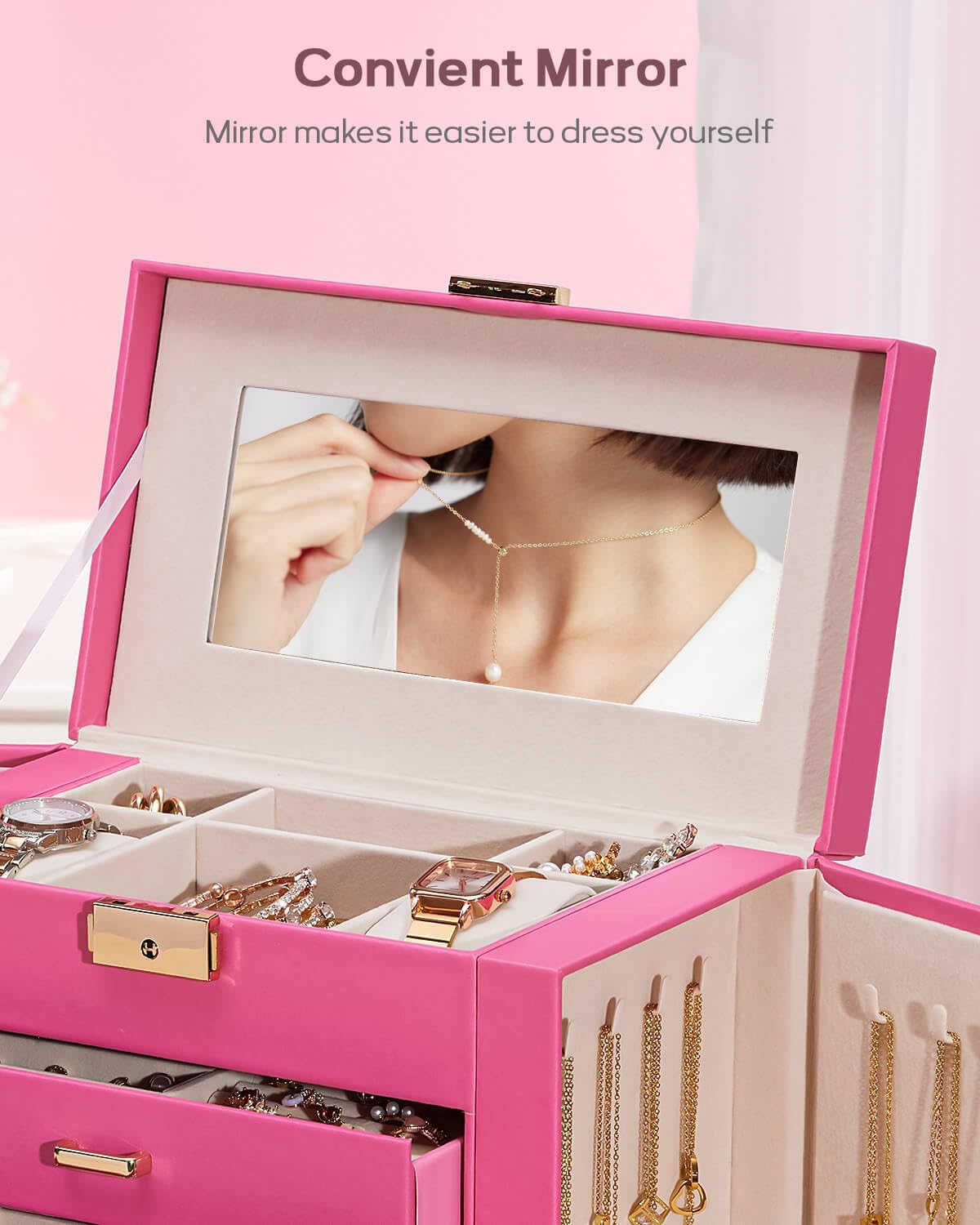 Synthetic Leather Huge Jewelry Box Mirrored Watch Organizer Necklace Ring Earring Storage Lockable Gift Case (White + Gold)