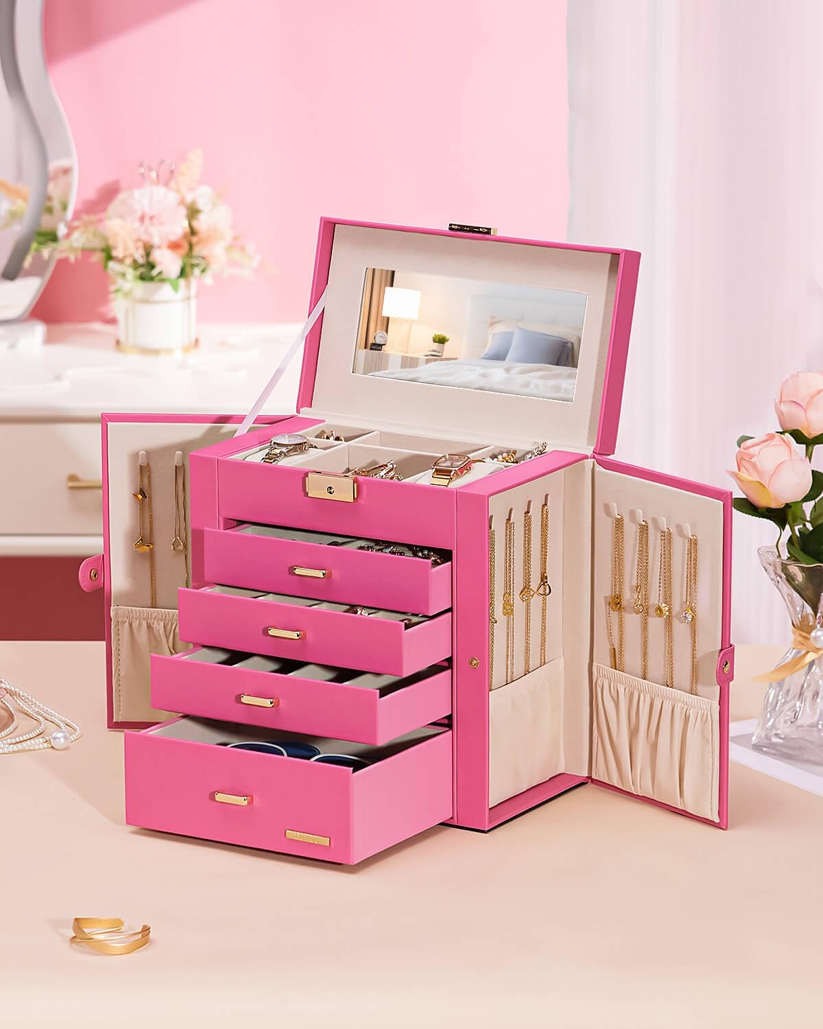 Synthetic Leather Huge Jewelry Box Mirrored Watch Organizer Necklace Ring Earring Storage Lockable Gift Case (White + Gold)