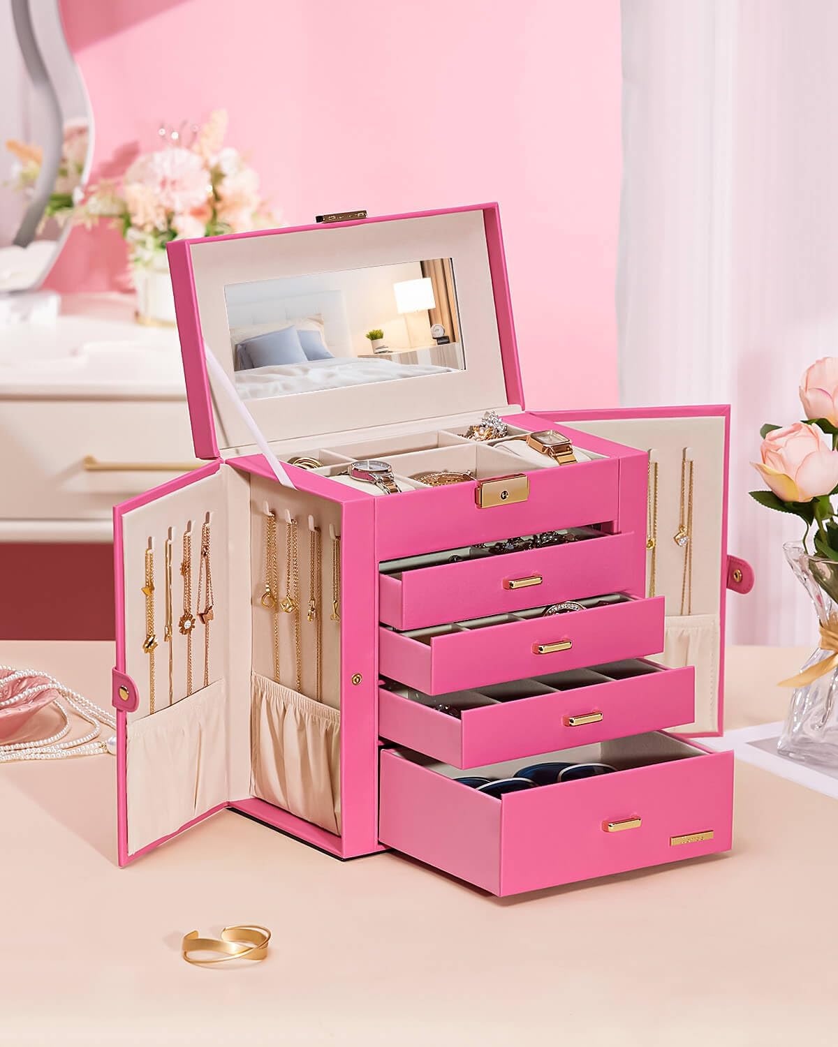 Synthetic Leather Huge Jewelry Box Mirrored Watch Organizer Necklace Ring Earring Storage Lockable Gift Case (White + Gold)