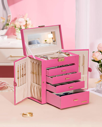 Synthetic Leather Huge Jewelry Box Mirrored Watch Organizer Necklace Ring Earring Storage Lockable Gift Case (White + Gold)
