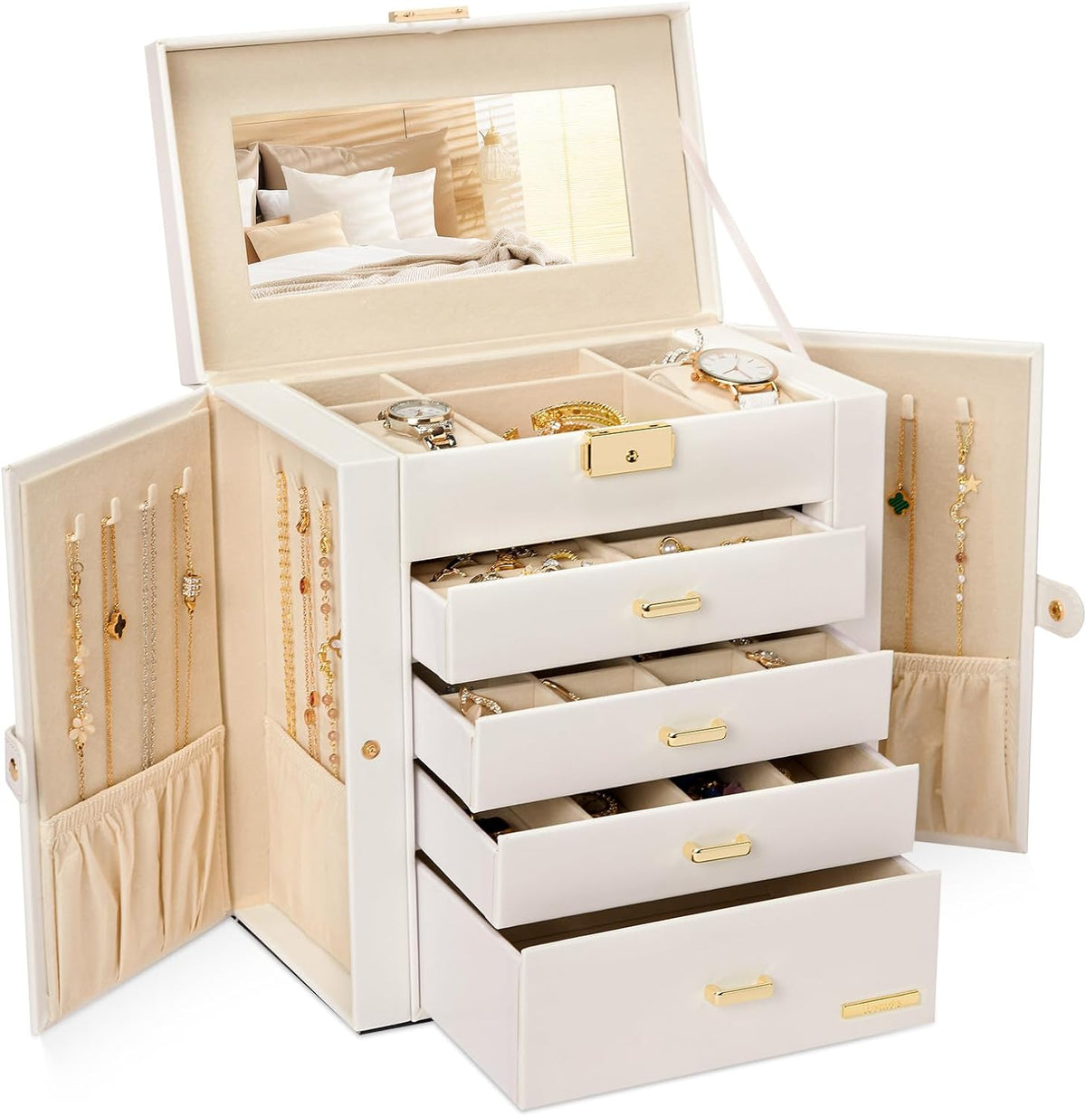 Synthetic Leather Huge Jewelry Box Mirrored Watch Organizer Necklace Ring Earring Storage Lockable Gift Case (White + Gold)