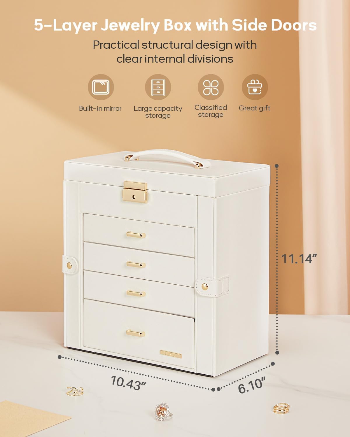 Synthetic Leather Huge Jewelry Box Mirrored Watch Organizer Necklace Ring Earring Storage Lockable Gift Case (White + Gold)