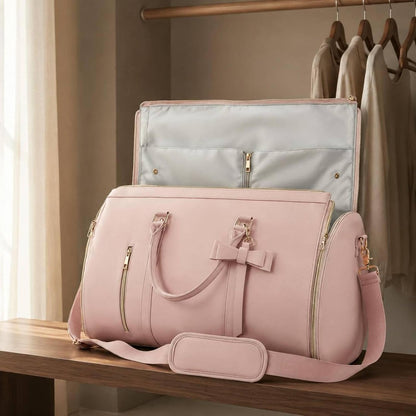 Convertible Garment Duffel Wrinkle Bow Duffel Bag Portable Weekender Bag for Gym, Pink, Pink