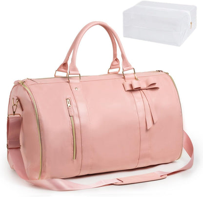 Convertible Garment Duffel Wrinkle Bow Duffel Bag Portable Weekender Bag for Gym, Pink, Pink
