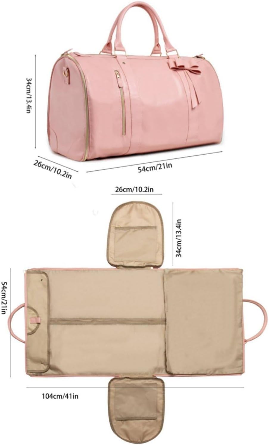 Convertible Garment Duffel Wrinkle Bow Duffel Bag Portable Weekender Bag for Gym, Pink, Pink