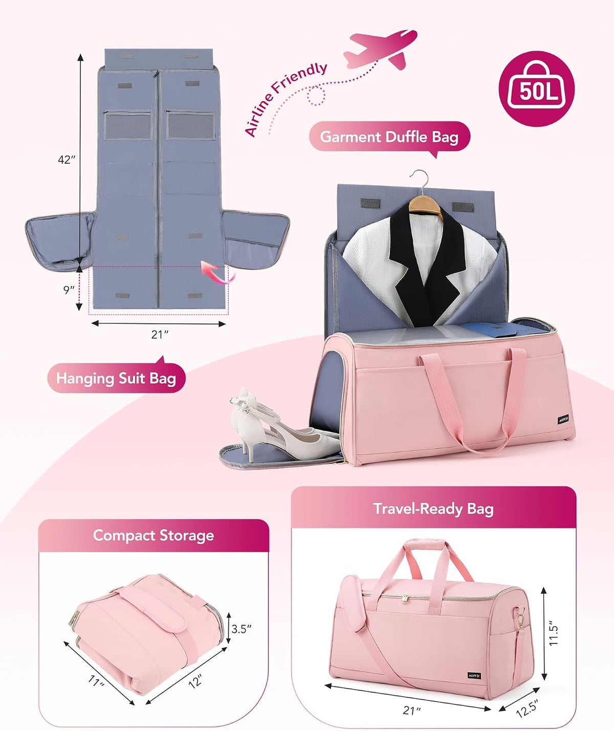 Convertible Travel Garment Bag, Carry-on Garment Duffel Bag, Pink | 2-in-1 Hanging Dress Suitcase Suit Travel Bags for Business Trips with Shoe Compartment & Multiple Pockets