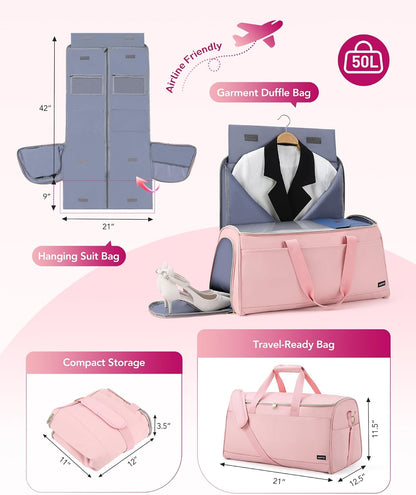 Convertible Travel Garment Bag, Carry-on Garment Duffel Bag, Pink | 2-in-1 Hanging Dress Suitcase Suit Travel Bags for Business Trips with Shoe Compartment & Multiple Pockets