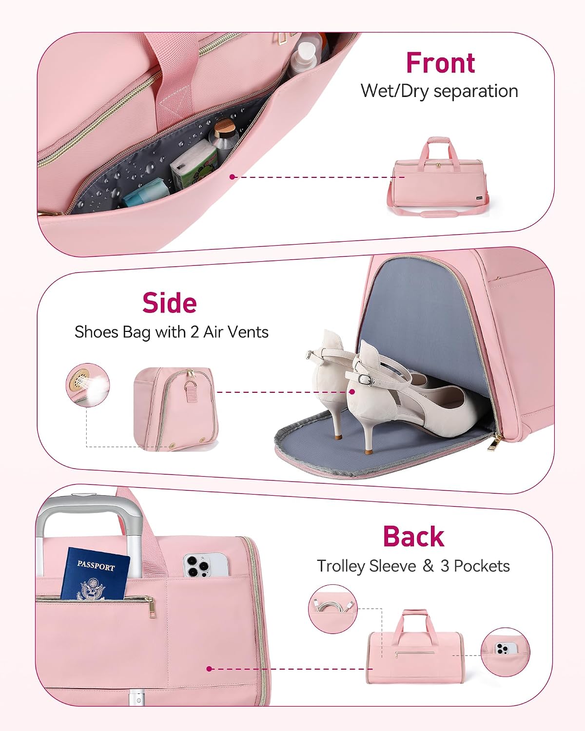 Convertible Travel Garment Bag, Carry-on Garment Duffel Bag, Pink | 2-in-1 Hanging Dress Suitcase Suit Travel Bags for Business Trips with Shoe Compartment & Multiple Pockets