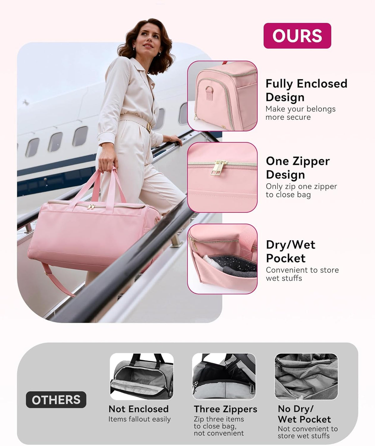 Convertible Travel Garment Bag, Carry-on Garment Duffel Bag, Pink | 2-in-1 Hanging Dress Suitcase Suit Travel Bags for Business Trips with Shoe Compartment & Multiple Pockets