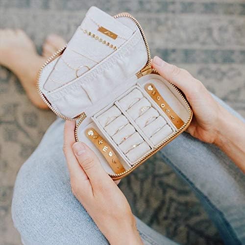 Vegan Leather Travel Jewelry Case with Zipper - Portable Necklace & Earring Holder Organizer for Women Girls, Velvet-Lined Ring Box with Anti-Tarnish Design, Cream