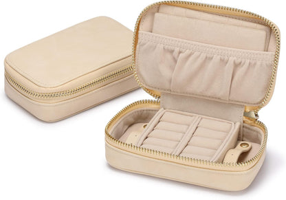 Vegan Leather Travel Jewelry Case with Zipper - Portable Necklace & Earring Holder Organizer for Women Girls, Velvet-Lined Ring Box with Anti-Tarnish Design, Cream