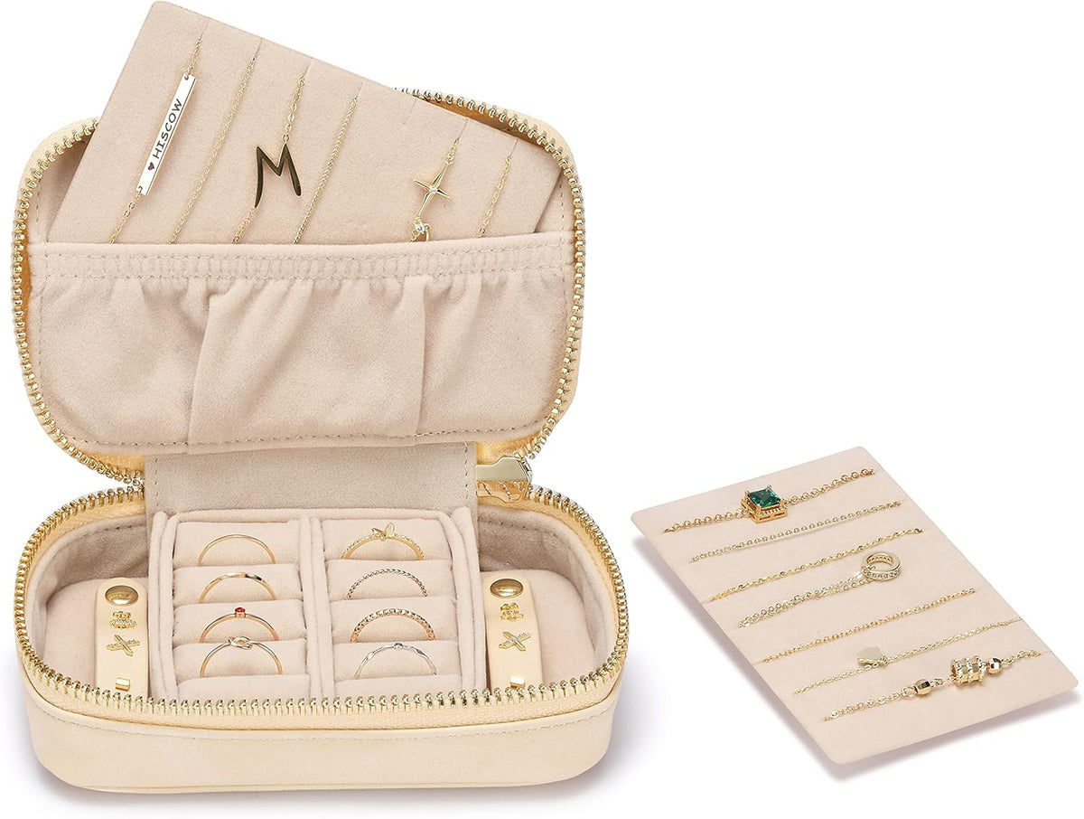 Vegan Leather Travel Jewelry Case with Zipper - Portable Necklace & Earring Holder Organizer for Women Girls, Velvet-Lined Ring Box with Anti-Tarnish Design, Cream