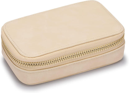 Vegan Leather Travel Jewelry Case with Zipper - Portable Necklace & Earring Holder Organizer for Women Girls, Velvet-Lined Ring Box with Anti-Tarnish Design, Cream