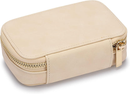 Vegan Leather Travel Jewelry Case with Zipper - Portable Necklace & Earring Holder Organizer for Women Girls, Velvet-Lined Ring Box with Anti-Tarnish Design, Cream