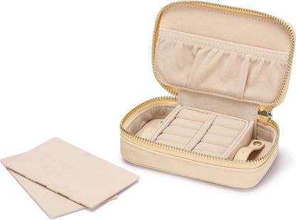 Vegan Leather Travel Jewelry Case with Zipper - Portable Necklace & Earring Holder Organizer for Women Girls, Velvet-Lined Ring Box with Anti-Tarnish Design, Cream