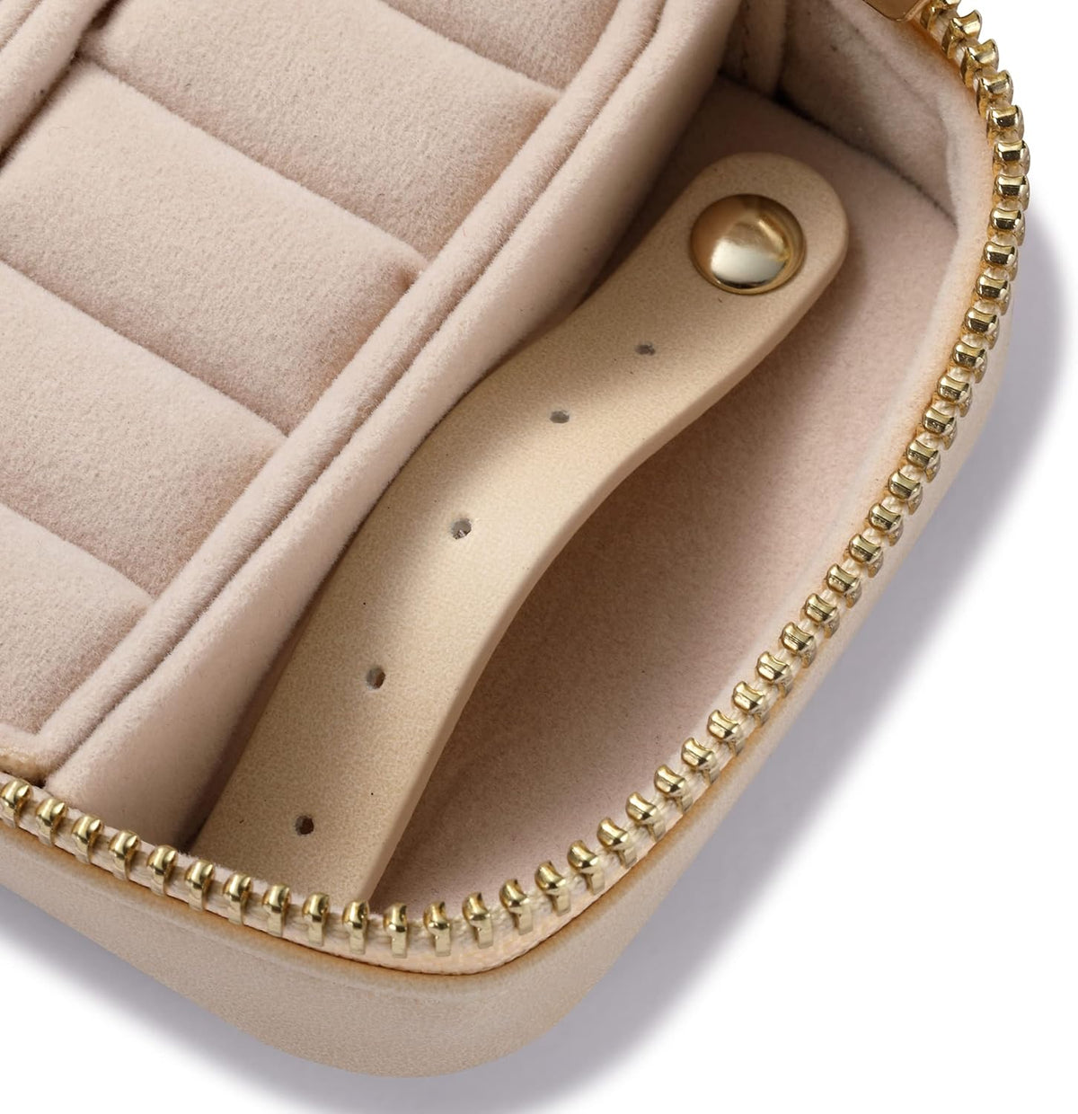 Vegan Leather Travel Jewelry Case with Zipper - Portable Necklace & Earring Holder Organizer for Women Girls, Velvet-Lined Ring Box with Anti-Tarnish Design, Cream