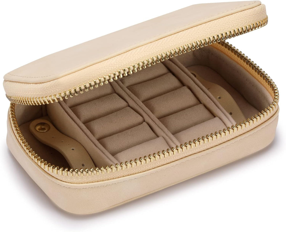Vegan Leather Travel Jewelry Case with Zipper - Portable Necklace & Earring Holder Organizer for Women Girls, Velvet-Lined Ring Box with Anti-Tarnish Design, Cream