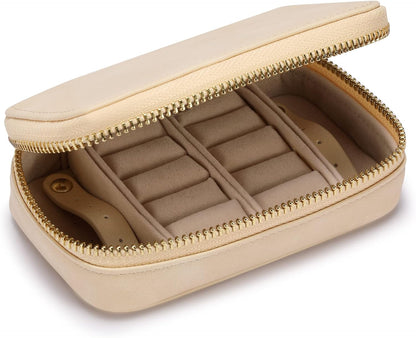 Vegan Leather Travel Jewelry Case with Zipper - Portable Necklace & Earring Holder Organizer for Women Girls, Velvet-Lined Ring Box with Anti-Tarnish Design, Cream