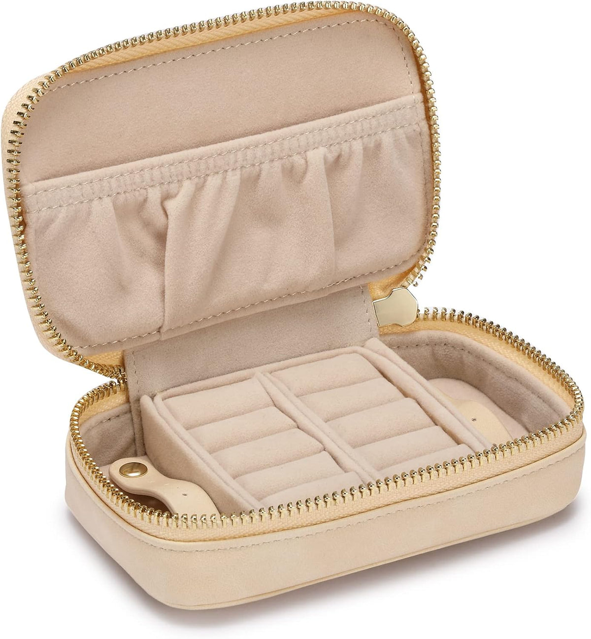 Vegan Leather Travel Jewelry Case with Zipper - Portable Necklace & Earring Holder Organizer for Women Girls, Velvet-Lined Ring Box with Anti-Tarnish Design, Cream
