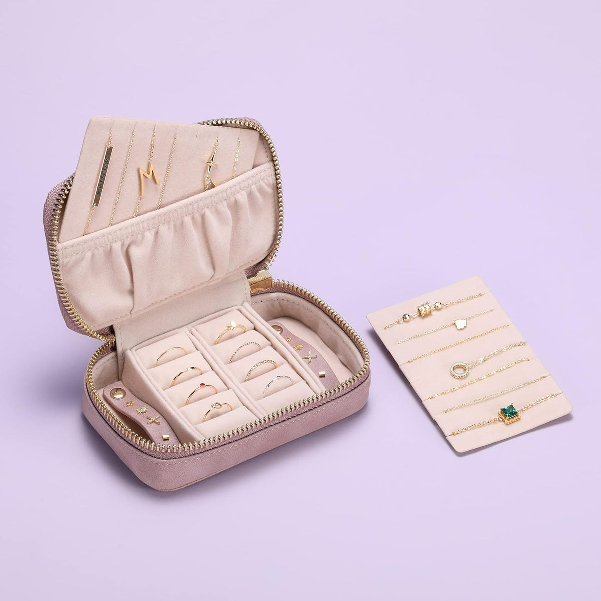 Vegan Leather Travel Jewelry Case with Zipper - Portable Necklace & Earring Holder Organizer for Women Girls, Velvet-Lined Ring Box with Anti-Tarnish Design, Cream