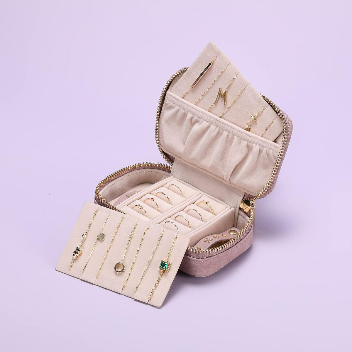 Vegan Leather Travel Jewelry Case with Zipper - Portable Necklace & Earring Holder Organizer for Women Girls, Velvet-Lined Ring Box with Anti-Tarnish Design, Cream