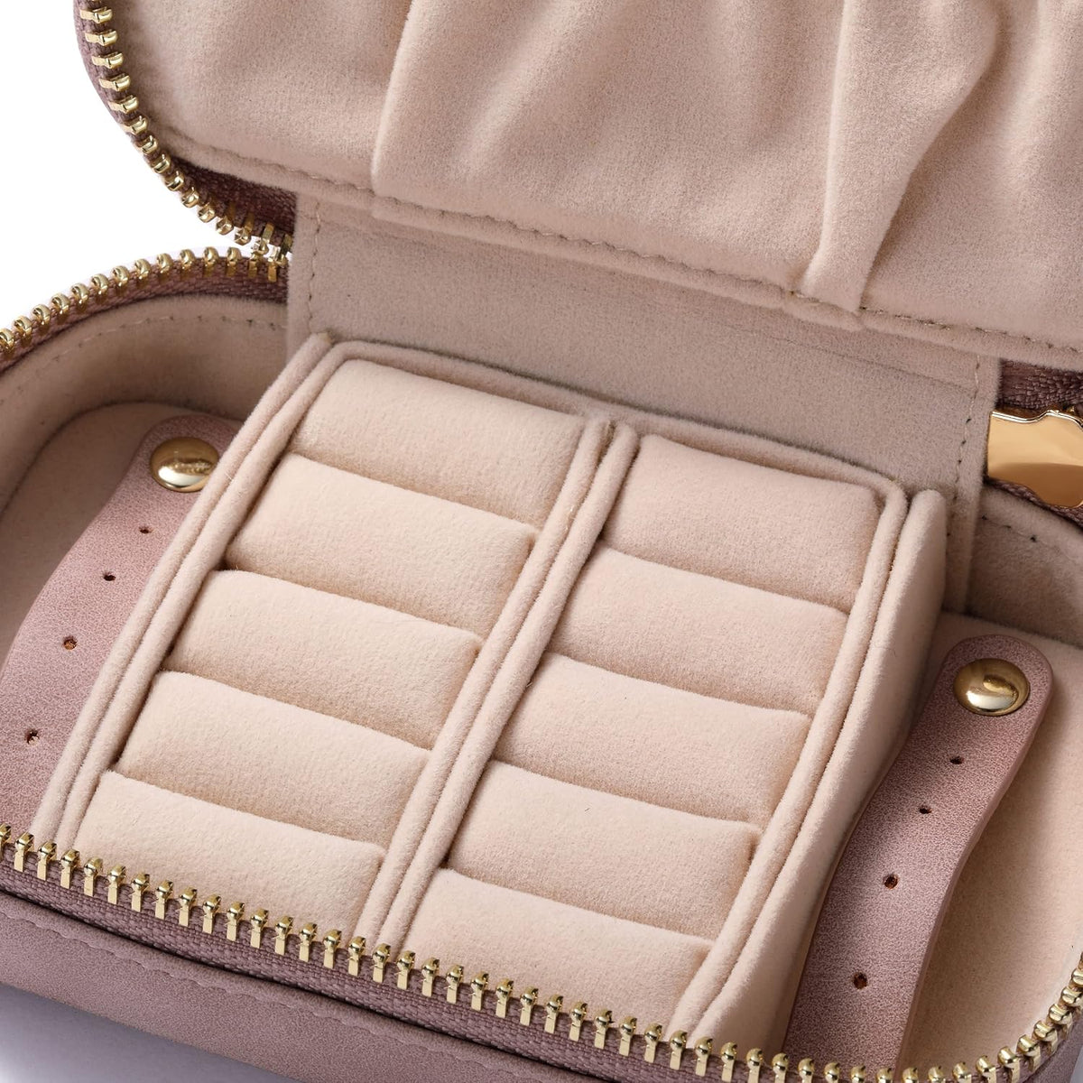 Vegan Leather Travel Jewelry Case with Zipper - Portable Necklace & Earring Holder Organizer for Women Girls, Velvet-Lined Ring Box with Anti-Tarnish Design, Cream