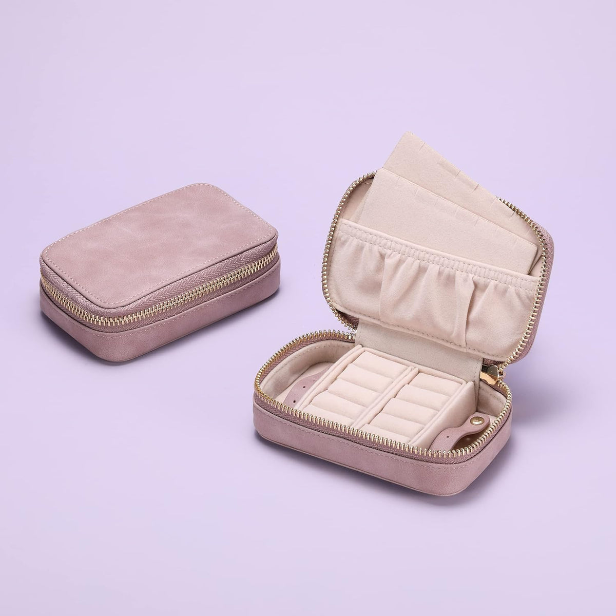 Vegan Leather Travel Jewelry Case with Zipper - Portable Necklace & Earring Holder Organizer for Women Girls, Velvet-Lined Ring Box with Anti-Tarnish Design, Cream