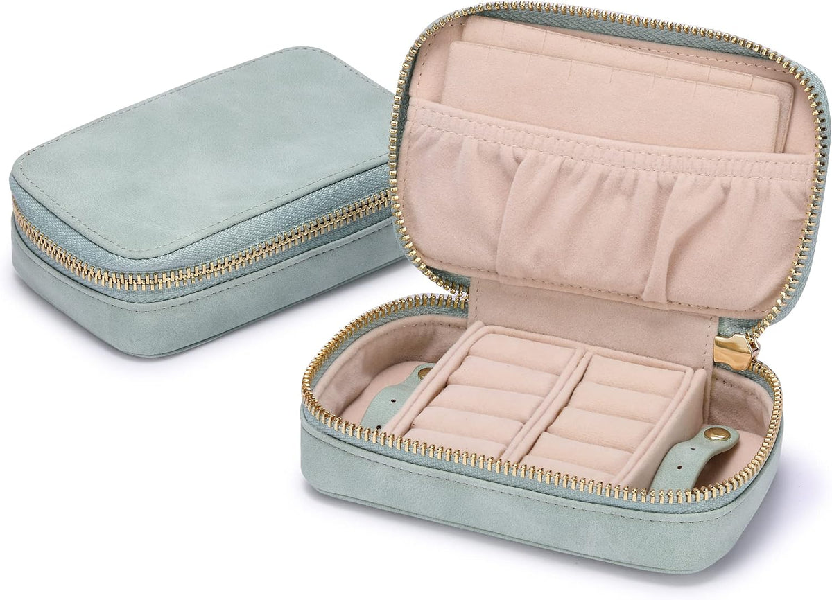 Vegan Leather Travel Jewelry Case with Zipper - Portable Necklace & Earring Holder Organizer for Women Girls, Velvet-Lined Ring Box with Anti-Tarnish Design, Cream