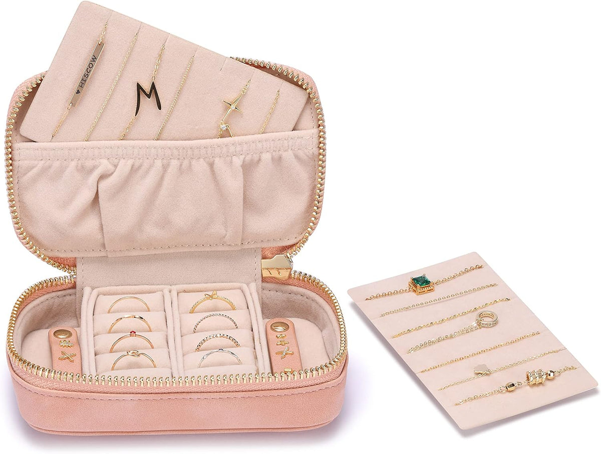 Vegan Leather Travel Jewelry Case with Zipper - Portable Necklace & Earring Holder Organizer for Women Girls, Velvet-Lined Ring Box with Anti-Tarnish Design, Cream