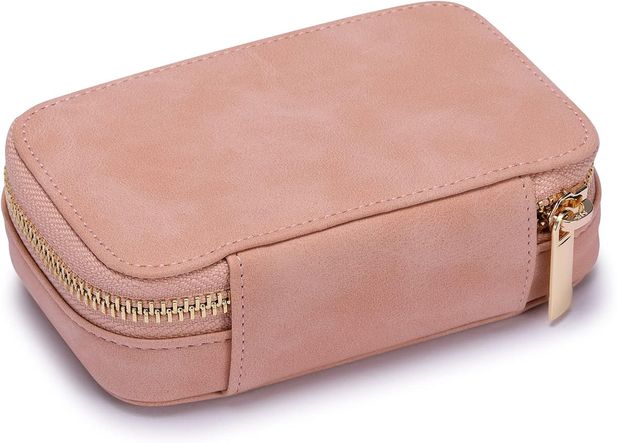 Vegan Leather Travel Jewelry Case with Zipper - Portable Necklace & Earring Holder Organizer for Women Girls, Velvet-Lined Ring Box with Anti-Tarnish Design, Cream