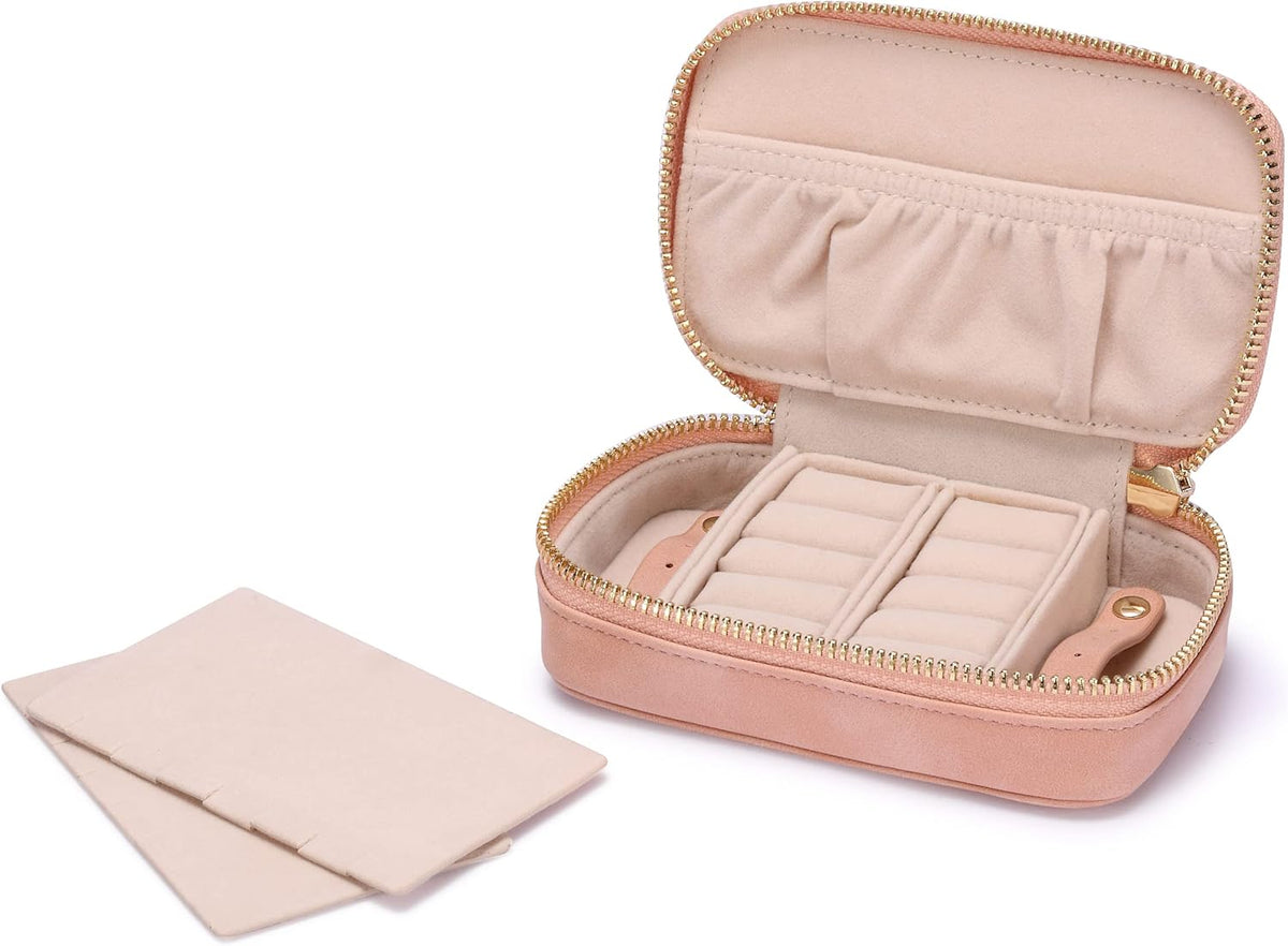 Vegan Leather Travel Jewelry Case with Zipper - Portable Necklace & Earring Holder Organizer for Women Girls, Velvet-Lined Ring Box with Anti-Tarnish Design, Cream