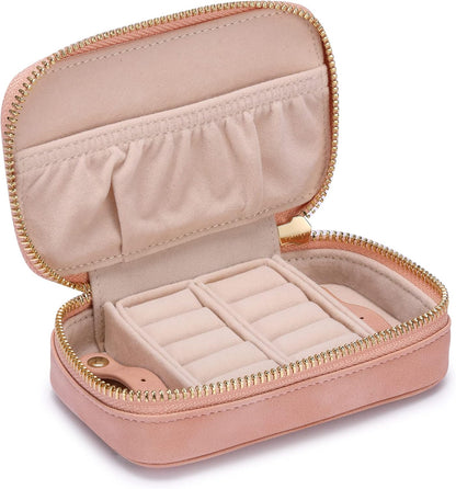 Vegan Leather Travel Jewelry Case with Zipper - Portable Necklace & Earring Holder Organizer for Women Girls, Velvet-Lined Ring Box with Anti-Tarnish Design, Cream