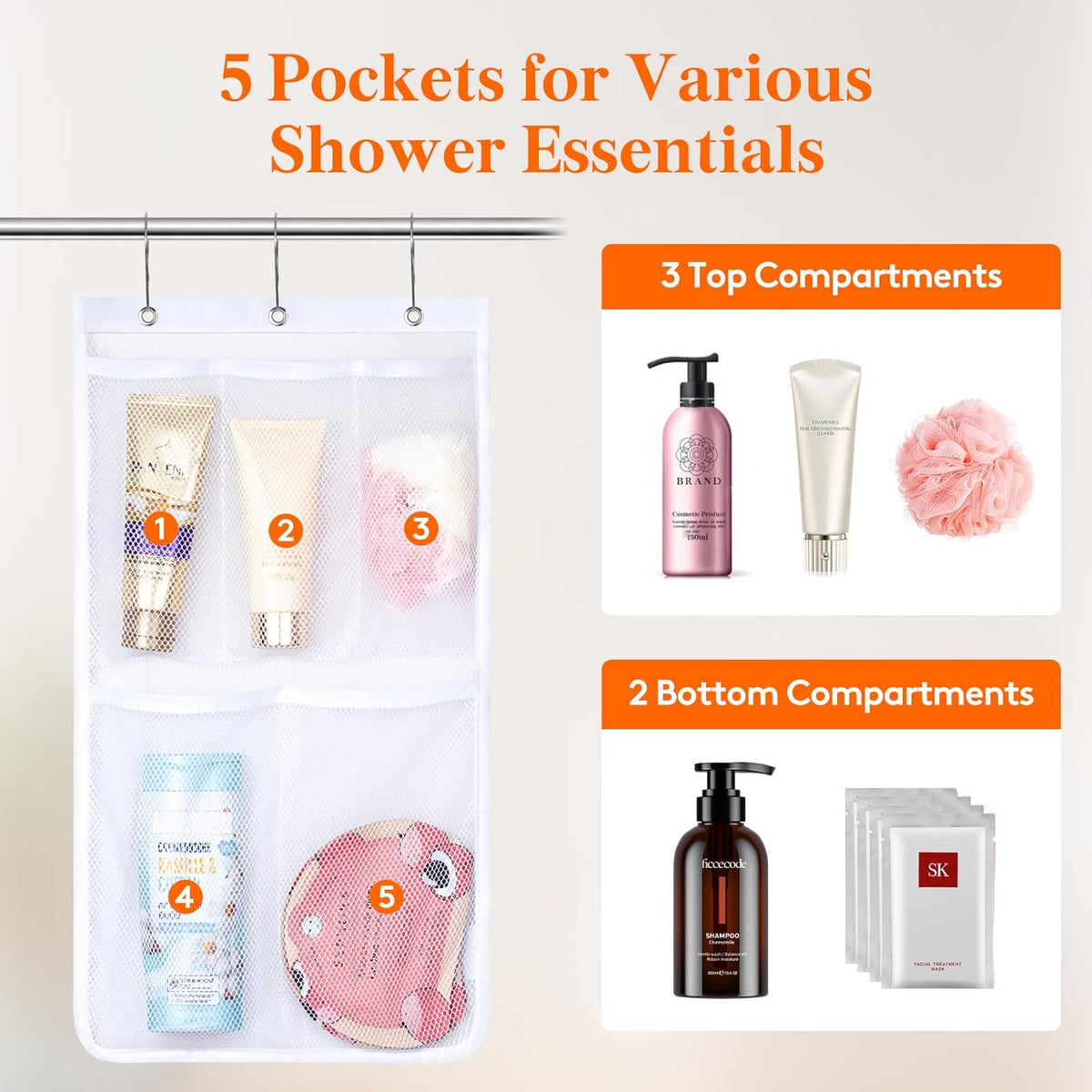 Cruise Essentials Shower Caddy Must-Have, 7 Pockets Hanging Bathroom Organizer with Quick-Dry Mesh, Portable Shower Bag to Storage Soap, Shampoo, for RVing, Travel, Camping, White, 2 Packs
