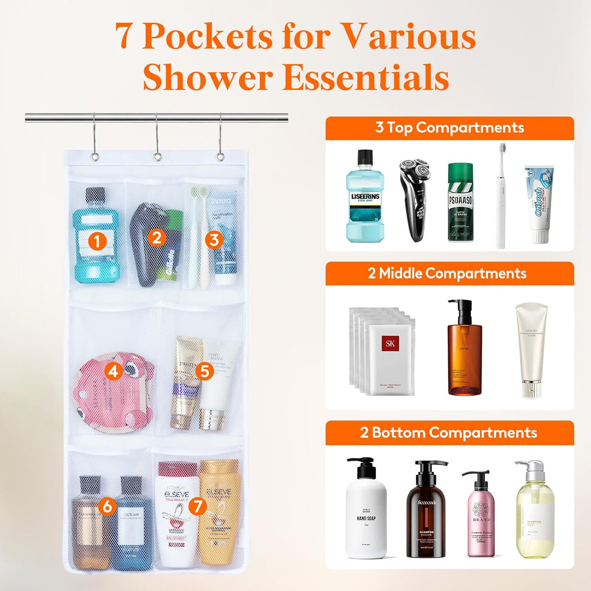 Cruise Essentials Shower Caddy Must-Have, 7 Pockets Hanging Bathroom Organizer with Quick-Dry Mesh, Portable Shower Bag to Storage Soap, Shampoo, for RVing, Travel, Camping, White, 2 Packs
