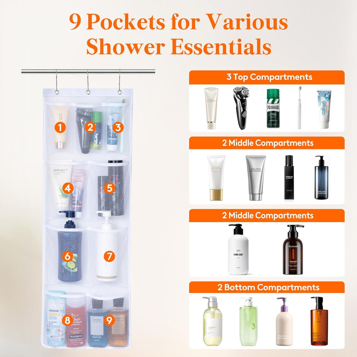 Cruise Essentials Shower Caddy Must-Have, 7 Pockets Hanging Bathroom Organizer with Quick-Dry Mesh, Portable Shower Bag to Storage Soap, Shampoo, for RVing, Travel, Camping, White, 2 Packs
