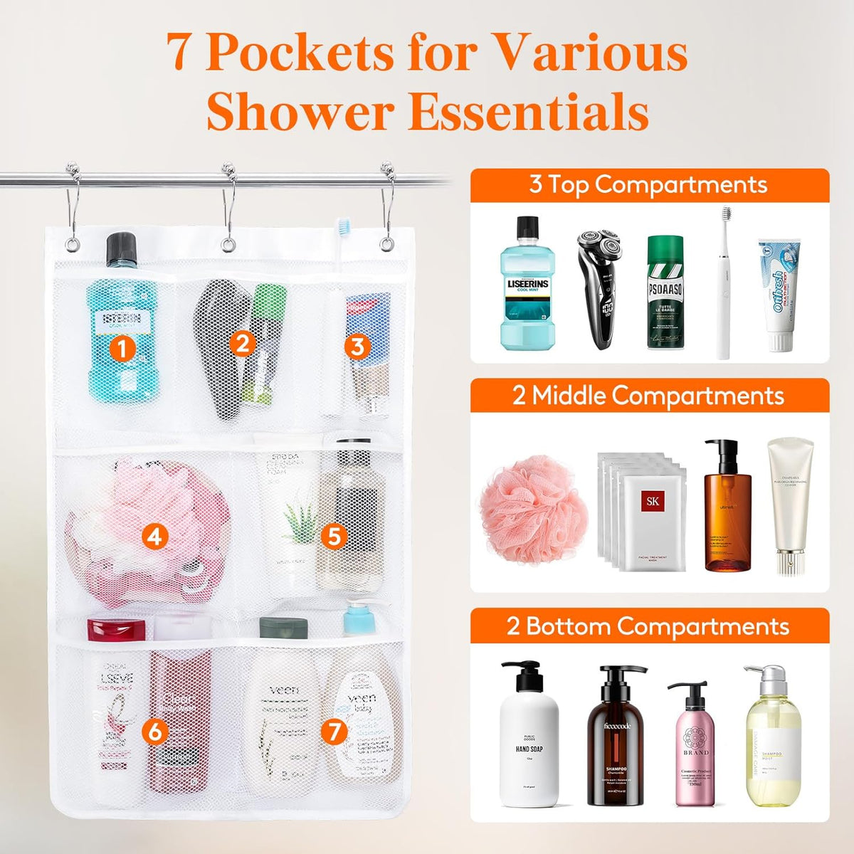 Cruise Essentials Shower Caddy Must-Have, 7 Pockets Hanging Bathroom Organizer with Quick-Dry Mesh, Portable Shower Bag to Storage Soap, Shampoo, for RVing, Travel, Camping, White, 2 Packs