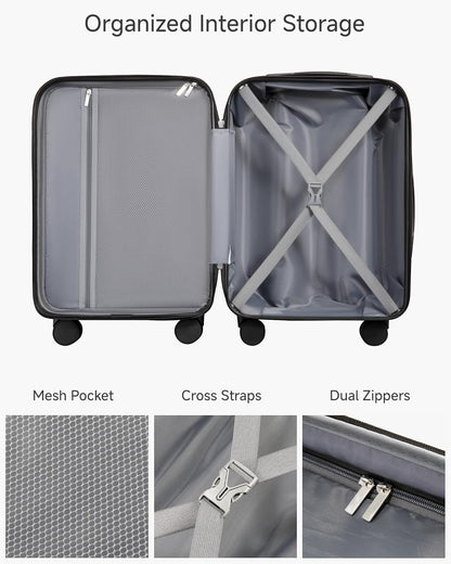 Carry On Luggage 22 x 14 x 9 Airline Approved, H1F Front Pocket Hardside Suitcase with Spinner Wheels, TSA Lock, Includes Tote Bag (FX-Lite, Black, Sets)