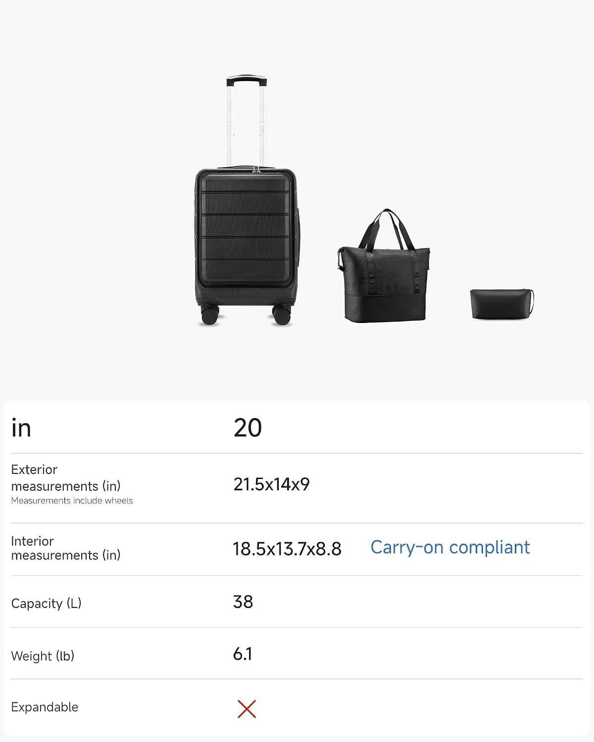Carry On Luggage 22 x 14 x 9 Airline Approved, H1F Front Pocket Hardside Suitcase with Spinner Wheels, TSA Lock, Includes Tote Bag (FX-Lite, Black, Sets)