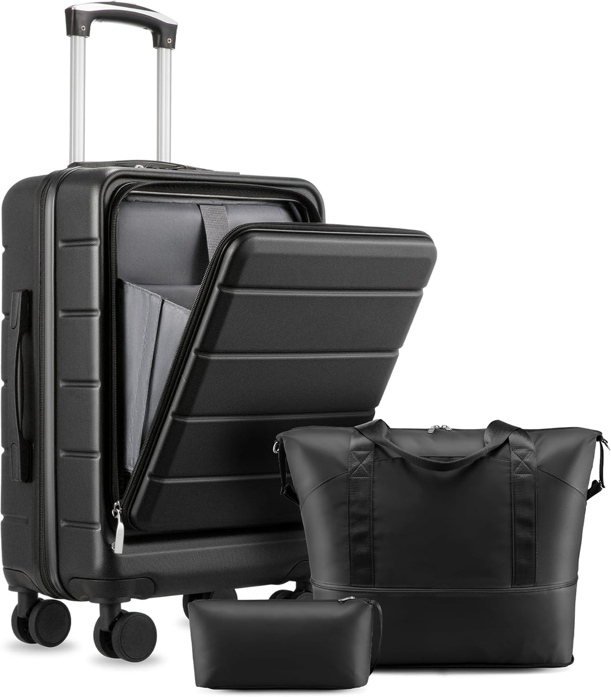 Carry On Luggage 22 x 14 x 9 Airline Approved, H1F Front Pocket Hardside Suitcase with Spinner Wheels, TSA Lock, Includes Tote Bag (FX-Lite, Black, Sets)