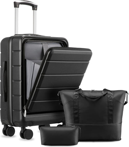Carry On Luggage 22 x 14 x 9 Airline Approved, H1F Front Pocket Hardside Suitcase with Spinner Wheels, TSA Lock, Includes Tote Bag (FX-Lite, Black, Sets)