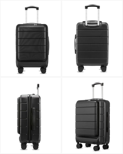 Carry On Luggage 22 x 14 x 9 Airline Approved, H1F Front Pocket Hardside Suitcase with Spinner Wheels, TSA Lock, Includes Tote Bag (FX-Lite, Black, Sets)