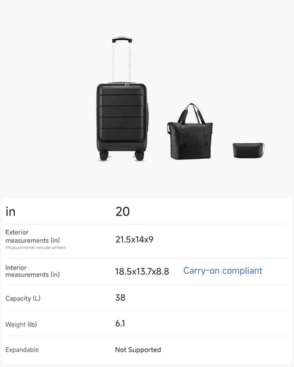 Carry On Luggage 22 x 14 x 9 Airline Approved, H1F Front Pocket Hardside Suitcase with Spinner Wheels, TSA Lock, Includes Tote Bag (FX-Lite, Black, Sets)